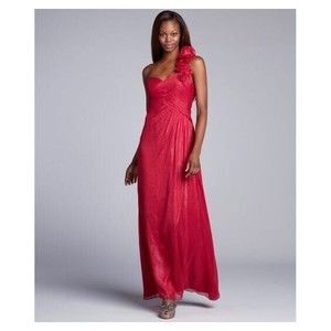 Aidan Mattox Strawberry Pink-Red Chiffon Pleated Rosette One Shoulder Gown Sz 10